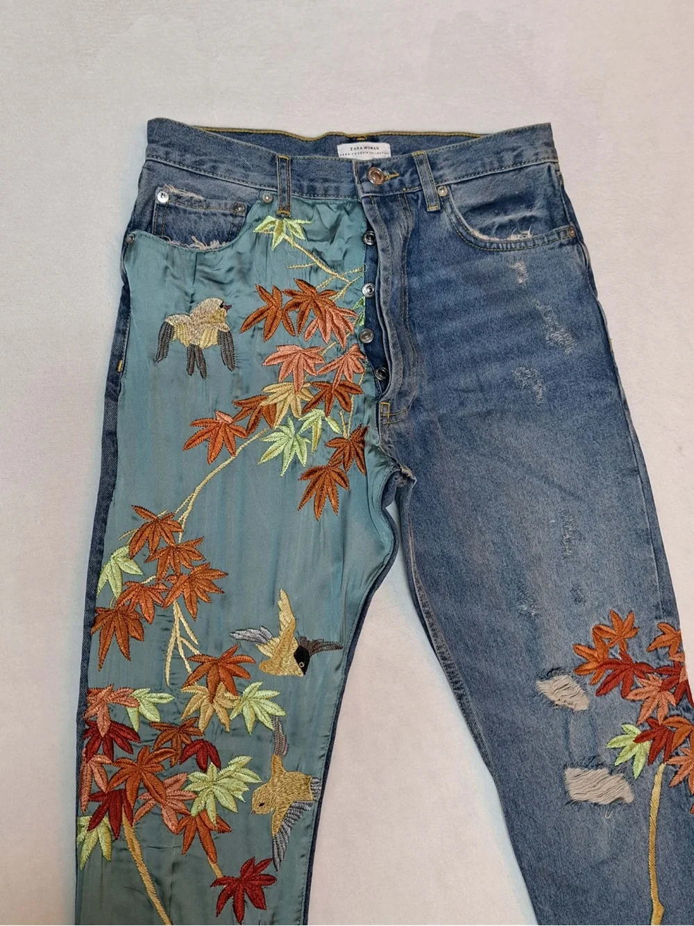 Zara Premium High-waist Cropped Denim and Satin Embroidery Panel Jeans